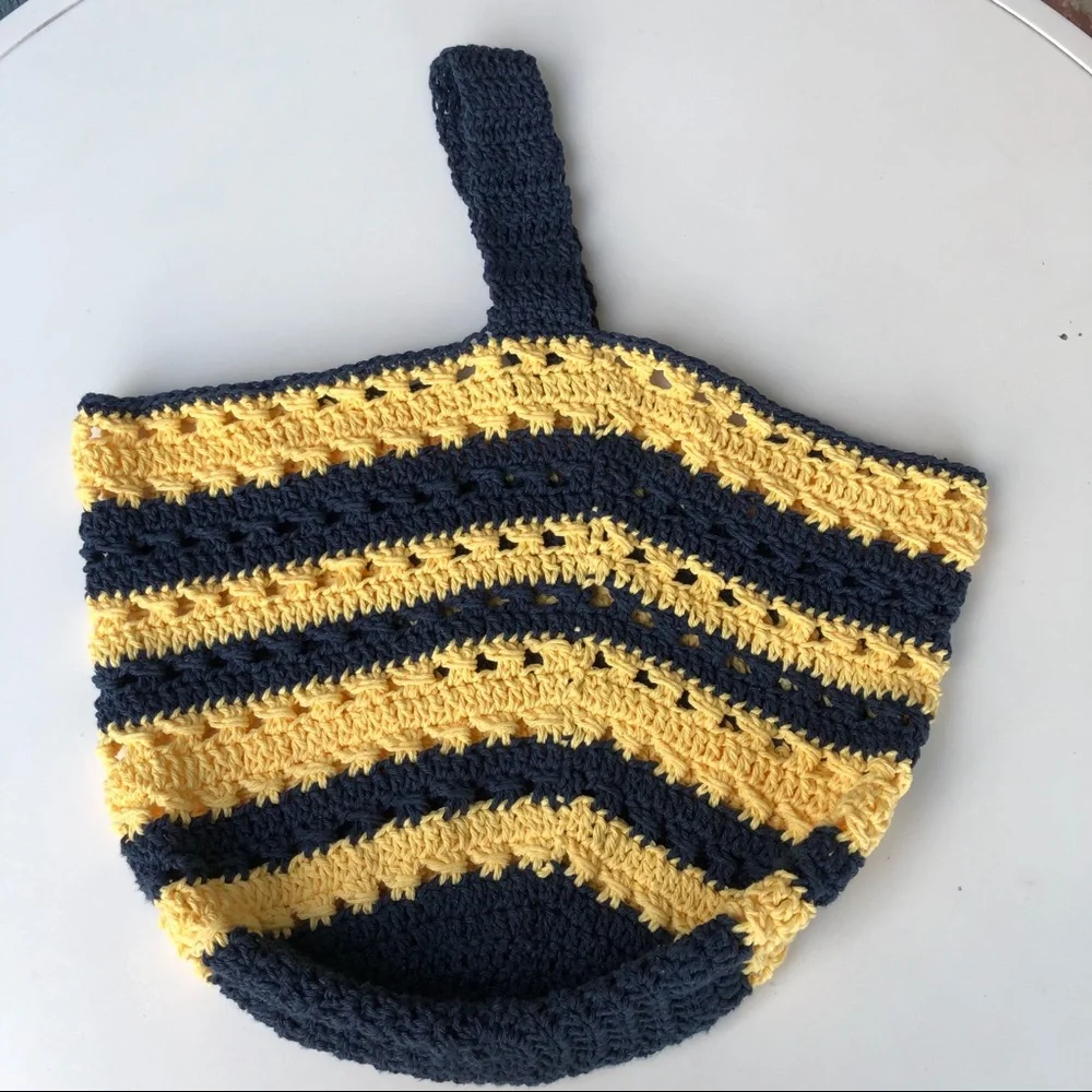 Handmade Crochet Tote Indigo Yellow Stripes